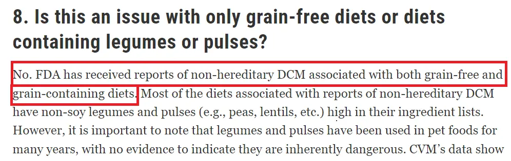 FDA snippet saying that both grain and grain-free food can cause heart disease.