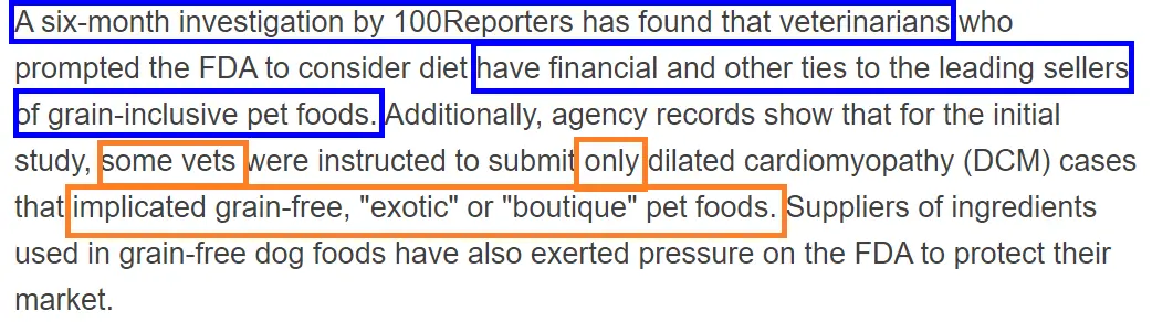 Snippet explaining how vets who trigged heart disease scare had financial ties to grain-inclusive pet food manufacturers.